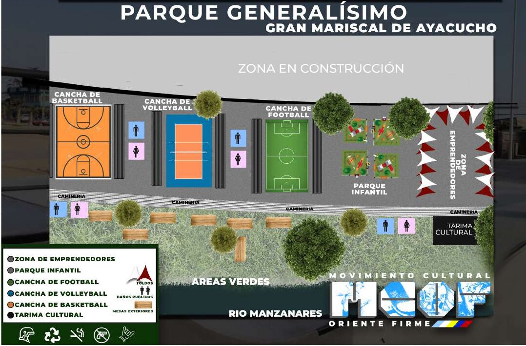 Plano conceptual con canchas de baloncesto, voleibol y fútbol, zona infantil, zona de emprendedores, tarima cultural y caminerías junto al río Manzanares