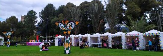 Feria con toldos blancos de emprendedores sobre césped